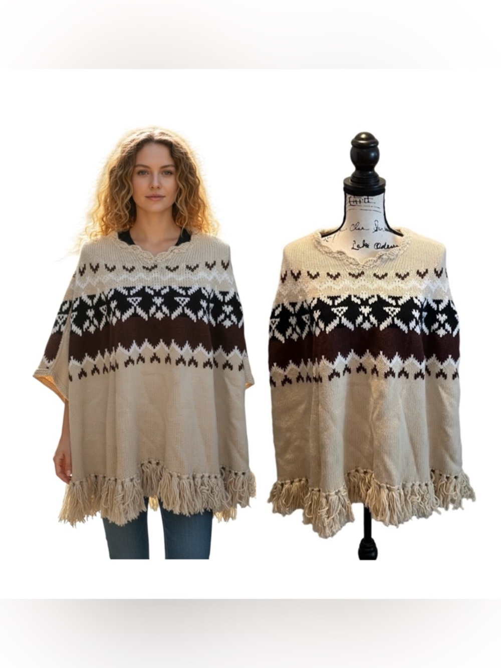 MODA INTERNATIONAL VS Sweater Shawl Wool Brown Size XS Small Nordic Fair Isle